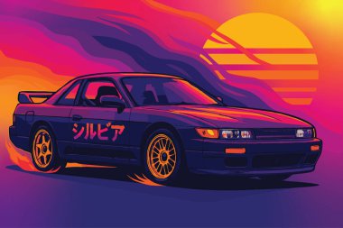 Silvia S13: Günbatımı Sürüklenmesi. Bir Nissan Silvia S13 neon bir ızgarayı delip geçer, yanan çizgili bir güneşin altında sürüklenirken lastiklerinden çıkan alevler. Cesur Katakana kapısını işaretliyor..