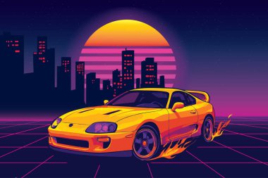 Synthwave dalgası: Supra hareket halinde. Parlak sarı Supra, arka lastiklerinden çıkan alevler, çizgili günbatımının altında sürükleniyor..