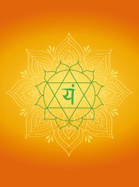 Kalp Çakra Mandala Turuncu Arkaplan 'da. Parlayan turuncu-sarı gradyan ve süslü mandala desenli Anahata (Kalp) çakra sembolünün canlı bir çizimi. Yoga, meditasyon ve ruhani temalar için ideal..