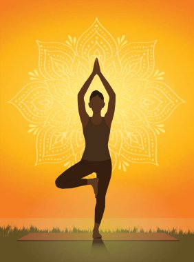 Gün batımında Tree Poose 'da parlayan bir mandala ve çimenlik zemin tarafından çerçevelenmiş bir kadının silueti. Huzurlu, ruhani bir sahne dengeyi, farkındalığı ve iç uyumu simgeliyor..