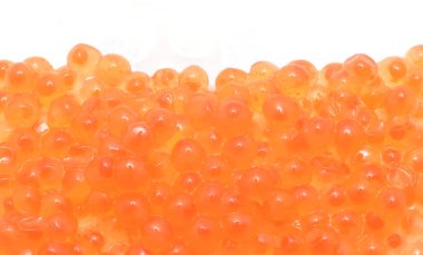 Kırmızı somon havyarı yemeye hazır, beyaz üzerine kapalı.