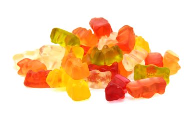 Renkli jöle çiğneyen şekerler beyaz arka planda izole bir şekilde kapatılmış. Alman markası Haribo 'nun editör çizimi.