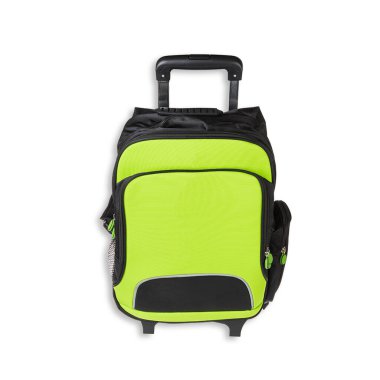 Eğitim kavramına uygun beyaz arkaplan üzerine okul çantası.