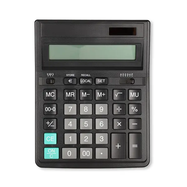 顶部视图白色背景上适合金融概念的黑色数字计算器 — 图库照片