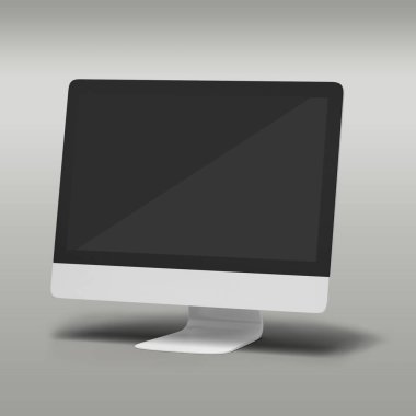 Ön görünüm boş siyah ekran bilgisayarı gri arkaplanda izole edildi.