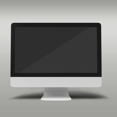 Ön görünüm boş siyah ekran bilgisayarı gri arkaplanda izole edildi.