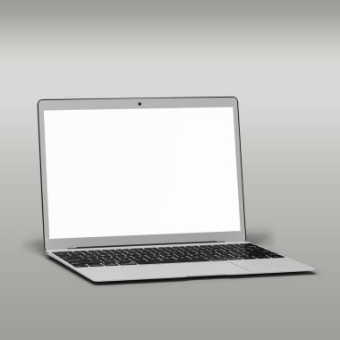 Gri arkaplanda izole edilmiş proje için boş beyaz dizüstü bilgisayar ekranı.