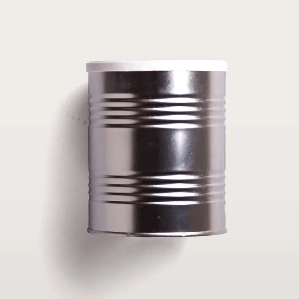 Shiny Metal Tin Flat Lay Concept Isolated White Background — Stock Photo, Image
