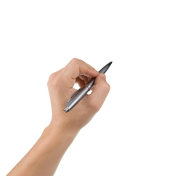 Mann Hält Stift Auf Weißem Hintergrund Nahaufnahme Der Hand Fit — Stockfoto