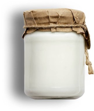 Element projeniz için uygun düz arkaplan üzerinde izole edilmiş yoğurt kavanozunu kapat.