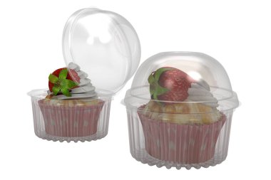 Görüntüyü kapat. İçinde lezzetli pastalar olan iki kap kek kutusu izole edilmiş..