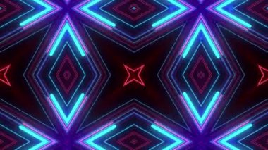 Mavi ve pembe renkli neon geometrik desenlerin canlı bir görüntüsü simetrik bir tasarım yaratıyor. Dinamik çizgiler ve şekiller modernlik ve gelecekçi estetiği çağrıştırıyor..