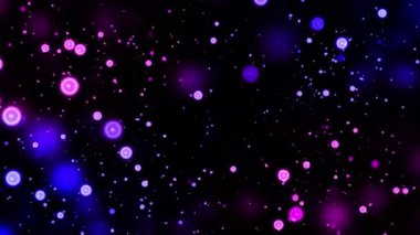 Pembe ve mavi parçacıkların karanlık bir arkaplanda dağıldığı kozmik bir sahne gizem ve merak hissi yaratıyor. Görüntü uzay ve keşif temaları için idealdir.