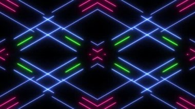 Kesişen çizgiler ve canlı renklerle simetrik neon geometrik desen soyut ve geleceksel görsel efekt yaratır..