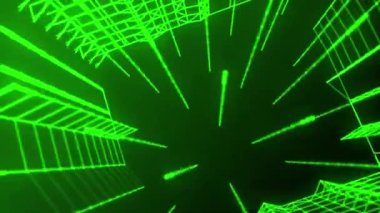 Yeşil lazer ışıklarının dinamik görüntüsü karanlık bir arkaplanda geometrik desenler yaratıyor. Parlak yeşil çizgiler ve yapılar fütüristik ve enerjik bir görsel oluşturur..