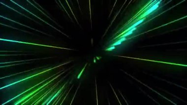 Merkezi bir noktadan yayılan parlak yeşil ışık demetleri dinamik ve geleceksel bir görsel etki yaratıyor. Karanlık arka plan ışığın parlaklığını ve yoğunluğunu vurgular..