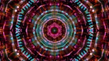 Renklerin kaleydoskopunda ışıldayan ışıklardan oluşan görsel olarak çarpıcı bir altıgen tünel. Görüntü derinlik ve hareket hissi yaratır, izleyicinin gözünü içe doğru çeker..