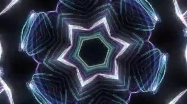 Karanlık bir arkaplanda mor ve mavi çizgileri olan neon bir yıldız deseni tasvir eden soyut bir resim. Geometrik tasarım fütüristik ve dinamik bir görsel etki yaratır..
