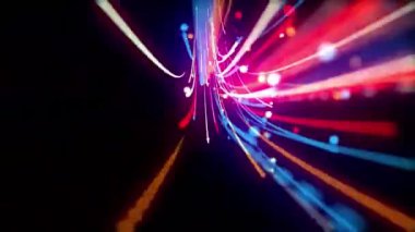 Kırmızı, mavi ve turuncu renkli ışık yollarının yer aldığı soyut bir görüntü. Işık izleri, modern ve dijital tasarım projeleri için mükemmel, dinamik ve enerjik bir görsel efekt yaratır..