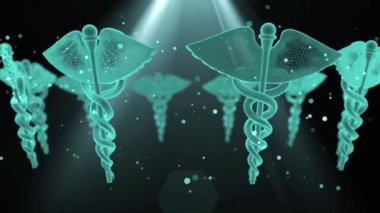 Parlayan ışık efektleriyle caduceus sembolünü içeren soyut bir görüntü. Sembol parçacıklarla çevrili ve spot ışıklarıyla aydınlatılarak fütüristik ve tıbbi temalı görsel efekt yaratılıyor..