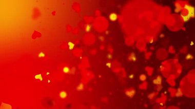 Renkli ve parıltılı elementleri ile romantik ve şenlikli bir atmosfer yaratan, turuncu ve kırmızı renkli kalp şekilli bokeh manzarası.