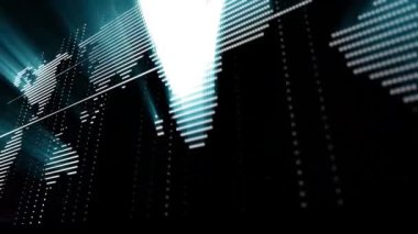 Karanlık bir arkaplanda gelecekten gelen bir görüntüye sahip dijital noktalardan ve satırlardan yapılmış dünya haritası.