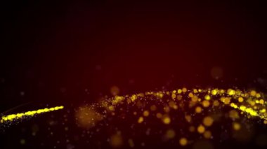 Koyu kırmızı arka planda parıldayan altın parçacıkların dijital çizimi. Tasarım ve basım için özel kutlama konsepti.