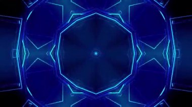 Mavi neon altıgen desen, merkezden koyu bir arka planda yayılıyor. Arkaplan ve posterler için dijital tasarım.