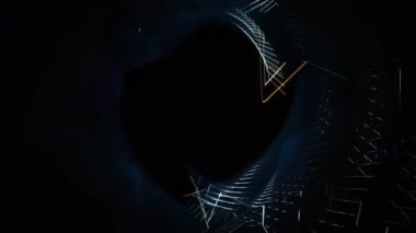 Karanlık bir zemin üzerinde karmaşık geometrik ışık desenleri olan soyut resim.