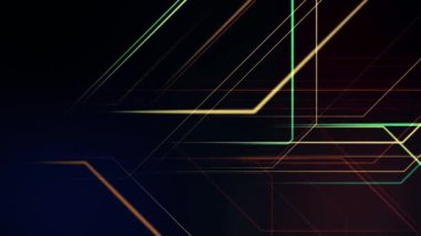 Koyu arkaplanda renkli geometrik çizgilere sahip soyut bir resim sanatsal zarafetle modern teknoloji ve dijital bağlantıyı sembolize ediyor..