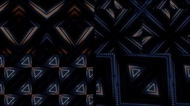 Karanlık bir zemin üzerine kurulmuş ilginç bir üçgen LED ışık deseni. Tasarım, teknoloji, dijital sanat ve soyut kavramlarla ilgili temalar için mükemmel, modern, fütüristik bir görünüm yaratan parıldayan üçgenler içeriyor..