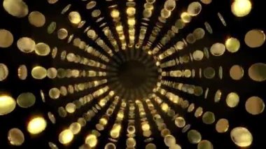 Soyut altın halkalar, siyah arka planda parlak dairesel bir tünel oluşturur..