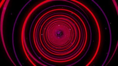 Siyah arkaplanda parlayan kırmızı ve mor çizgilerin soyut girdap deseni.