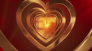 Kırmızı zemin ve ışık saçan altın kalp tüneli.