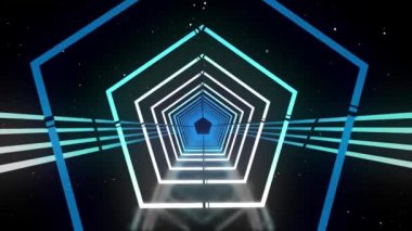 Soyut mavi ve beyaz parlak neon ışıklar siyah arkaplanda beyaz noktalı bir tünel oluşturuyor.