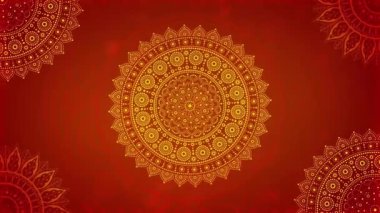 Kırmızı ve altın mandala arka planda büyük dairesel bir mandala ve yanında küçük mandalalar var..