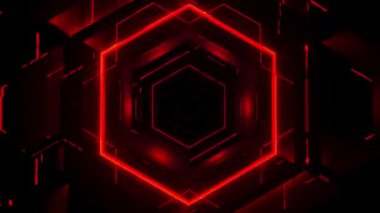 Siyah bir arkaplanda soyut parlak kırmızı neon altıgen deseni.