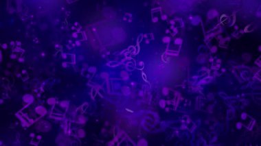 Mavi arkaplanda yüzen soyut mor müzik notaları.