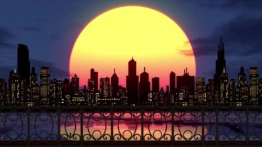 Arkasında büyük bir ay batarken silueti olan bir şehrin silueti, demirden yapılmış bir korkulukla balkondan görülüyor..
