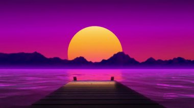 Büyük turuncu bir güneşe giden ahşap iskele mor bir dağ sırasının üzerinde batıyor..