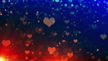 Parlak ışıklarla soyut mavi ve kırmızı kalp bokeh arkaplan.