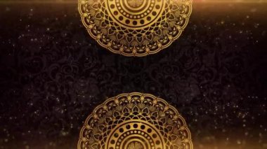 Koyu bir zemin üzerinde, altın parıltılarıyla karışık desenleri olan iki süslü altın mandala..
