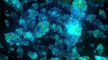 Mavi ve yeşil tavus kuşu tüyleri koyu bir arka plana saçılmış..