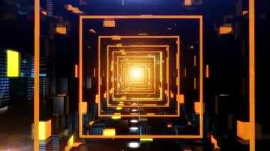 Parlayan turuncu ışıkları ve mavi devre kartı desenleri olan üç boyutlu soyut dijital tünel.