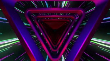 Parlak ışık çizgileri olan soyut neon üçgen tünel.