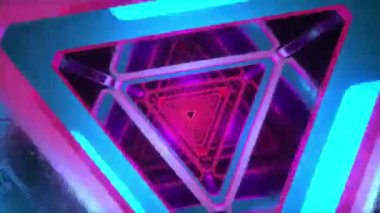 Soyut pembe, mavi ve mor üçgen parlayan neon ışıklar tüneli.
