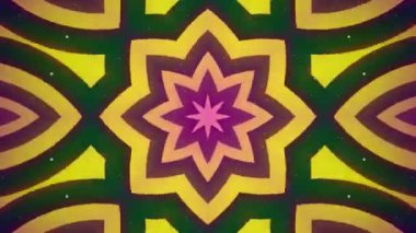 Tekrarlayan geometrik şekilli parlak sarı, mor ve siyah renklerle soyut psikedelik geometrik desen.