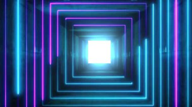 Neon parlak çizgiler soyut bir koridorda ve sonunda ışık var..