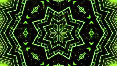 Parlayan mavi çizgileri ve koyu arkaplanda ışık çizgileri olan soyut simetrik geometrik desen.