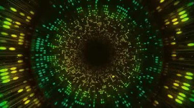 Siyah arka planda parlayan yeşil ve sarı noktalar, çizgiler ve ışık çizgileri soyut tünel.